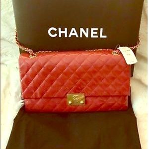 Red leather chanel large clutch purse